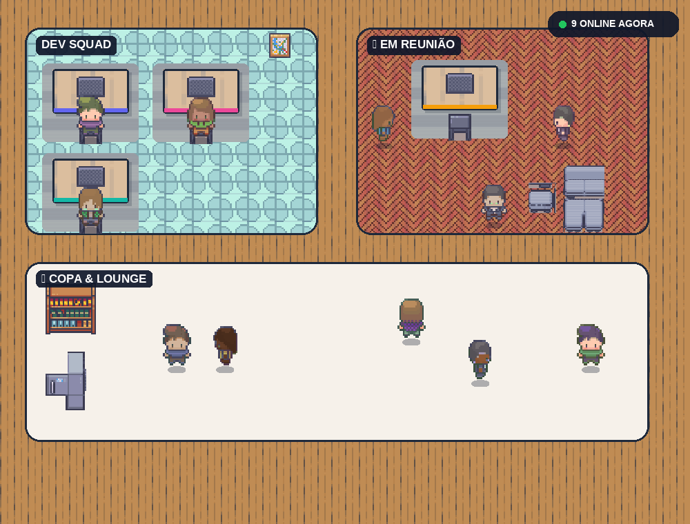 Escritório virtual LetsBump com salas, mesas e bonecos pixel-art representando o time